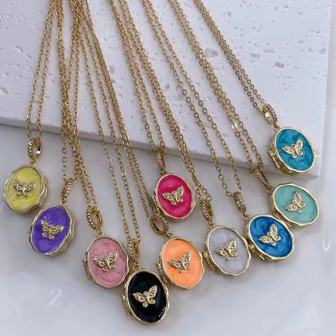 

5PCS, Charm Butterfly Enamel Pendant Necklace for Women Copper Golden Trendy Locket Fashion Necklace Stylish Jewelry Gift