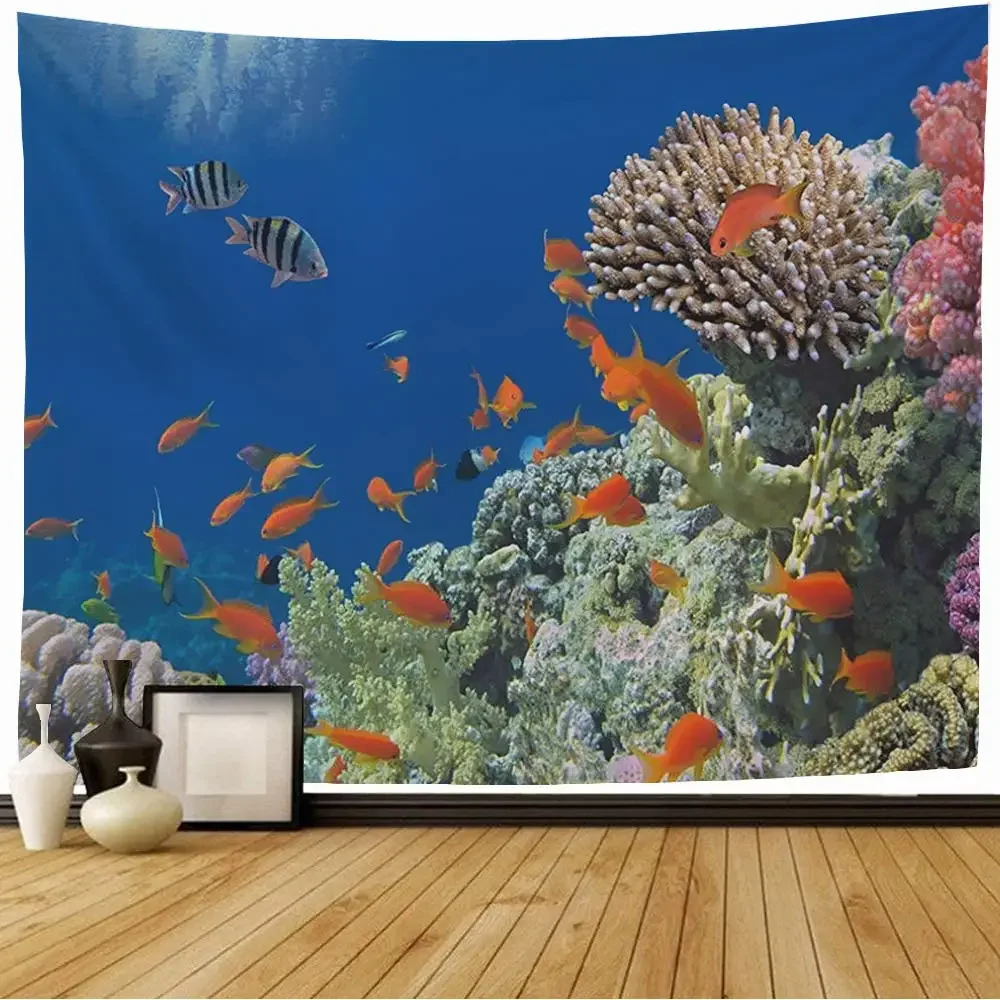 Tropical Fish Undersea World Tapestry Wall Hanging Ocean Animals Tapestries for Bedroom Aesthetic Living Room Home Decoration