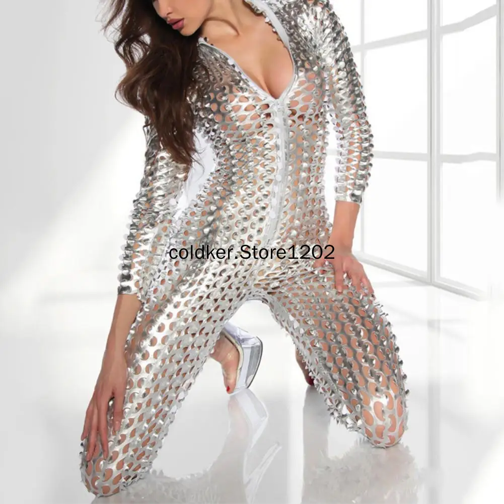 Women Mesh Hole Zipper Faux Patent Leather Tight Jumpsuit Nightclub Bodysuit Great for Party Club Outfits Perfect Gifts for Sexy stripe pajamas   white men s oversized coverall fashion party dropshipping custom jumpsuit 3d print vendors wholesale 5xl