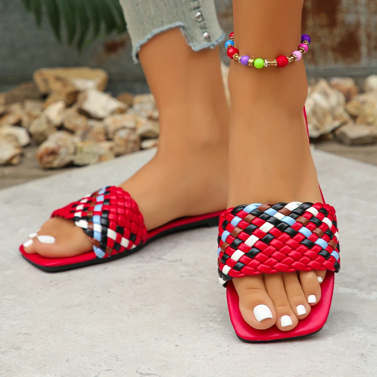 Women Slippers Summer Fashion Beach Mules Casual Indoor Home Slippers Selling Sexy Braided Square Toe Flat Sandals Slides Women 5