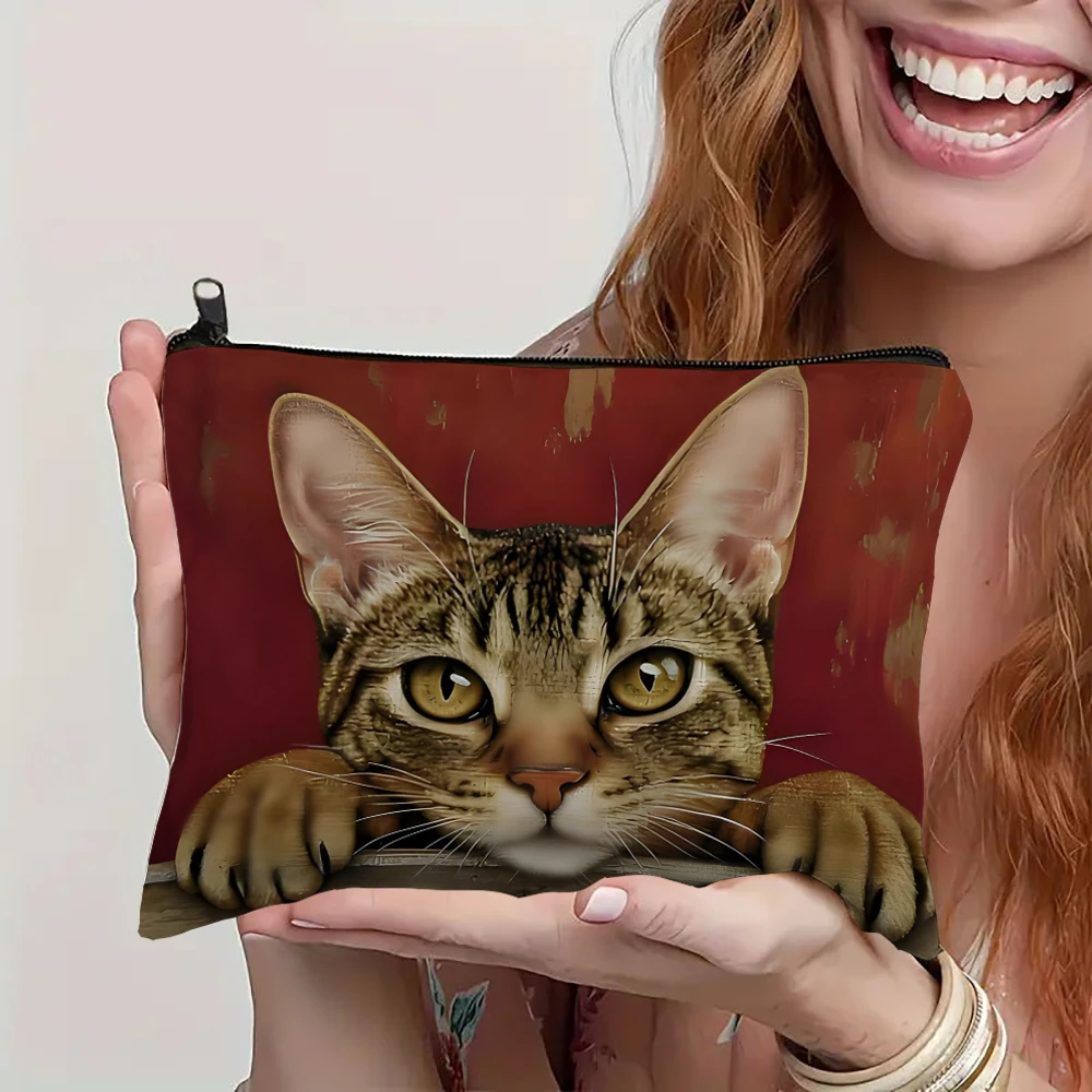 Niedliche Make-up-Tasche mit Cartoon-Katzenmotiv, bedruckt, Kosmetiktasche, faltbar, leicht, mit Reißverschluss, Make-up-Tasche für Frauen und Mädchen – Detail 5