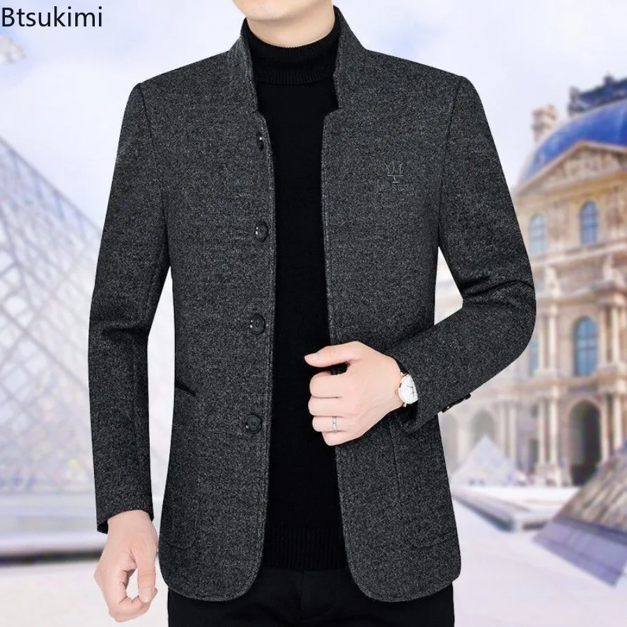 2025 رجال الأعمال بليزرات صوفية غير رسمية سترات سوداء مزيجات صوفية الخريف الشتاء سليم صالح بليزرات معاطف ملابس رجالي