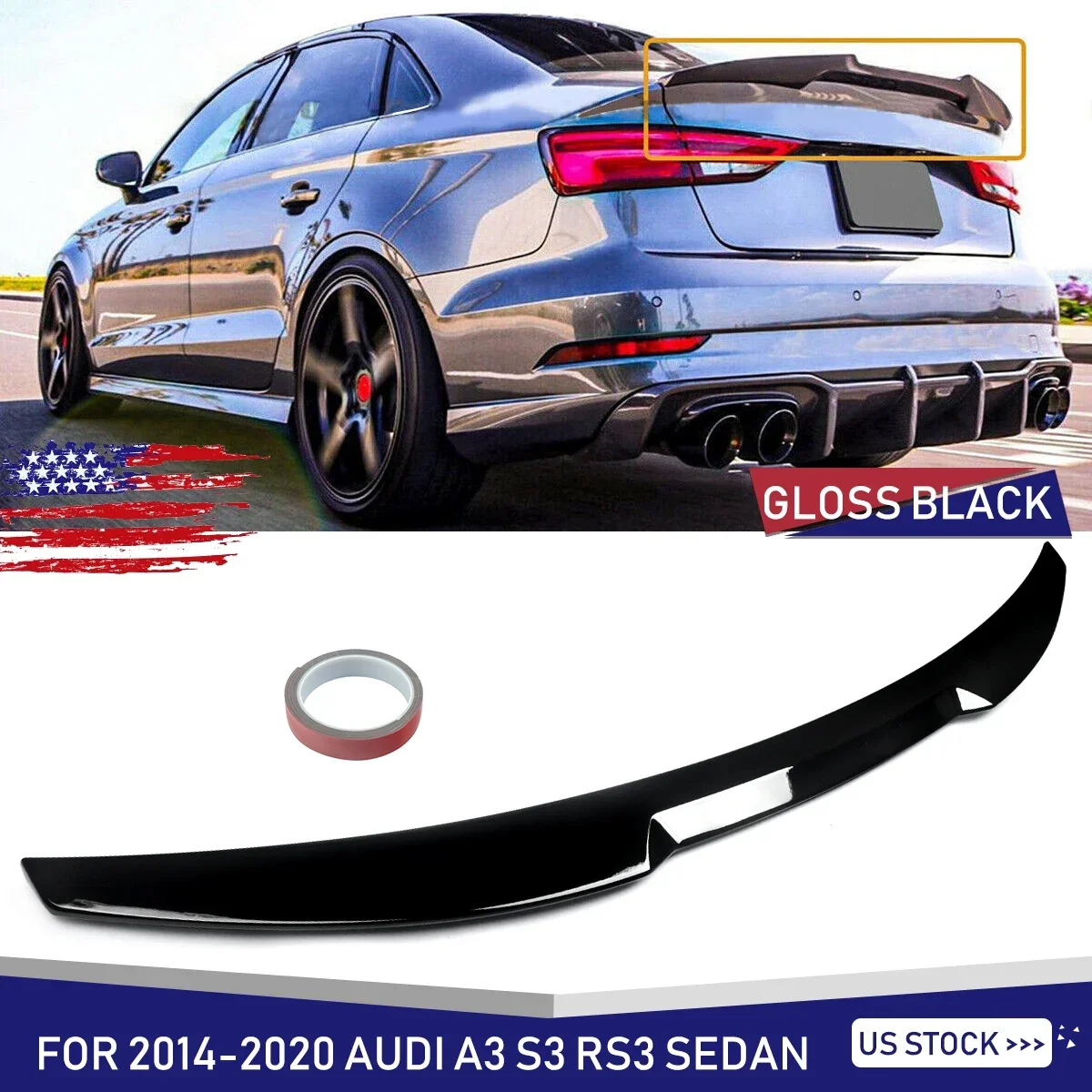 Per Audi A3 S3 Rs3 Sedan 2014-2020 Glossly Black Duckbill Posteriore Tronco Spoiler Wing
