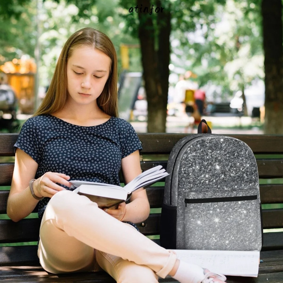 atinfor Modern Grey Glitter Sparkles Printing Women Backpack Student Bookbag School Bag for Teenage Girl Book Bag 6
