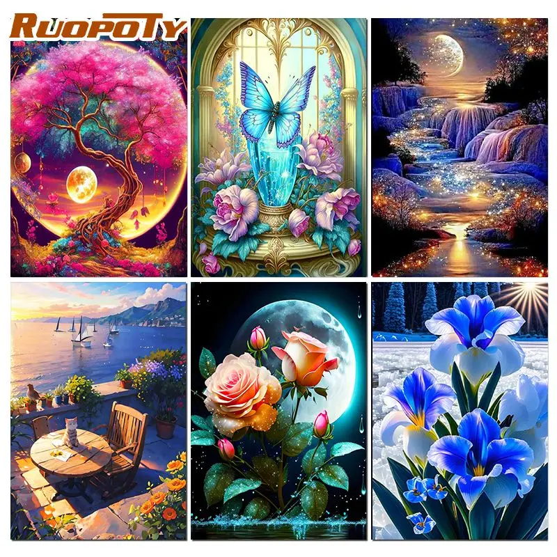 

RUOPOTY Oil Painting By Numbers Shining Tree Adults Crafts Painting By Number Plant Painting Wall Decor