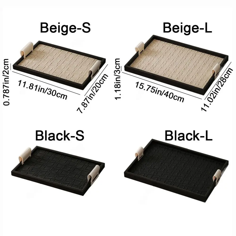 Black/Beige Woven Leather Storage Tray Handmade Rectangle Leather Wooden Tray with Handle Cake Fruit Dessert Tray Water Cup 6