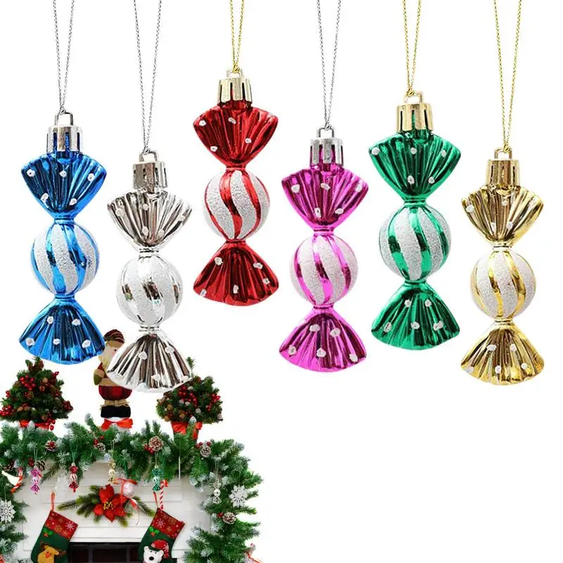 

Конфеты, Рождественская елка, искусственные рождественские украшения, 6 шт., рождественские блестящие подвески с цепочкой для