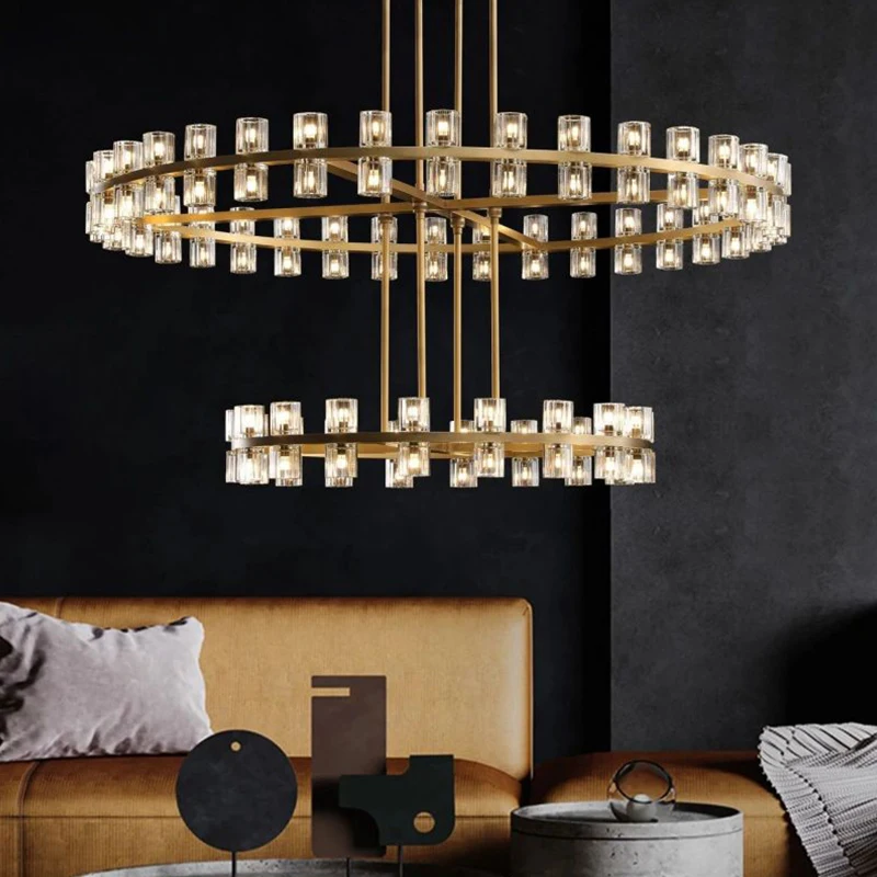 

American LED Round Duplex Chandelier Luxury Gold Metal Villa Living Room Farmhouse Ring Hanging light Brass Crystal Pendant Lamp