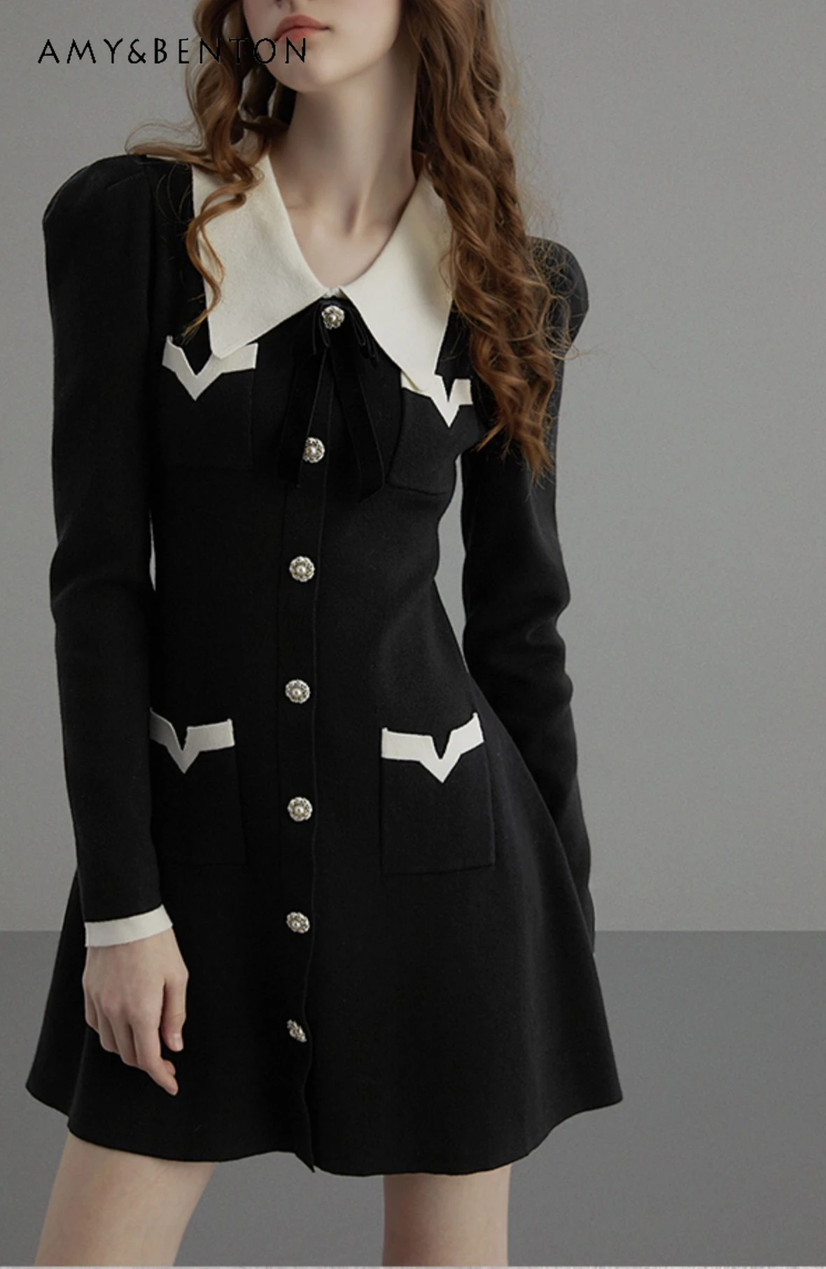 

Commute Style Fashion Color Matching Lapel Soft Knitted Dress for Women Autumn Winter New Elegant Graceful Slim Fit A-line Dress