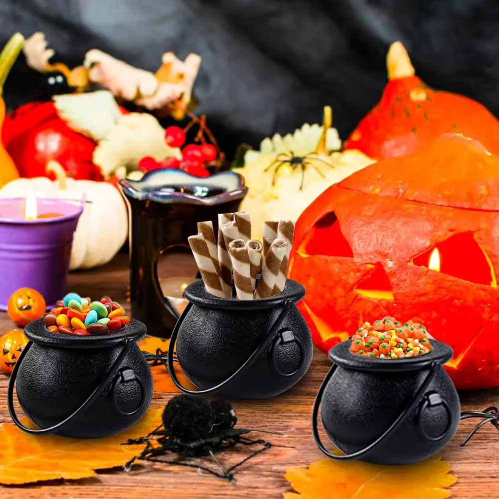 12pcs Mini Black Cauldron with Handle Halloween Mini Witch Cauldron Kettles Multi-purposed Small Plastic Halloween