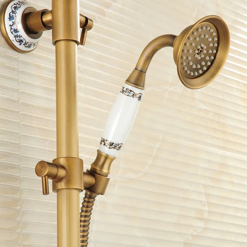 Antique Brushed Brass Faucets Wall Mounted Rain Lifting Faucets Tub Faucet Wit8 Incshower Head + Shower