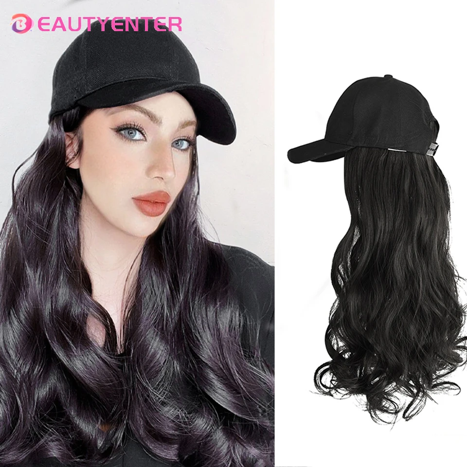 LongSyntheticBaseballCapHairWigBlackCapHairExtensionsWave