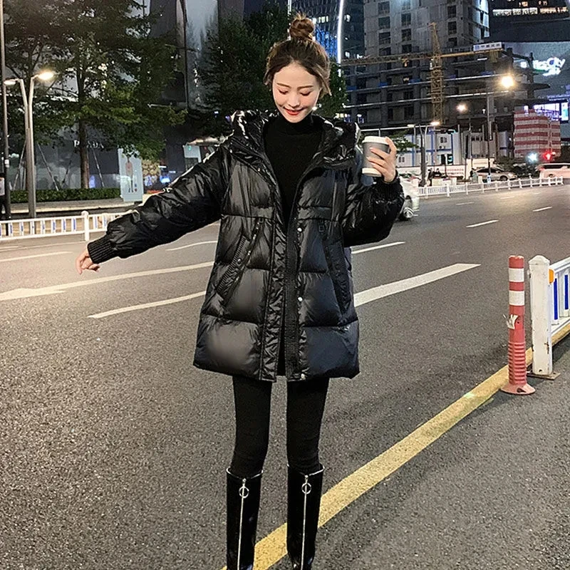 Winter Mid-length Loose Down Cotton Jacket Ins Style Big Fur Collar Over The Knee Coat Pure Color Simple Female Cotton Jacket