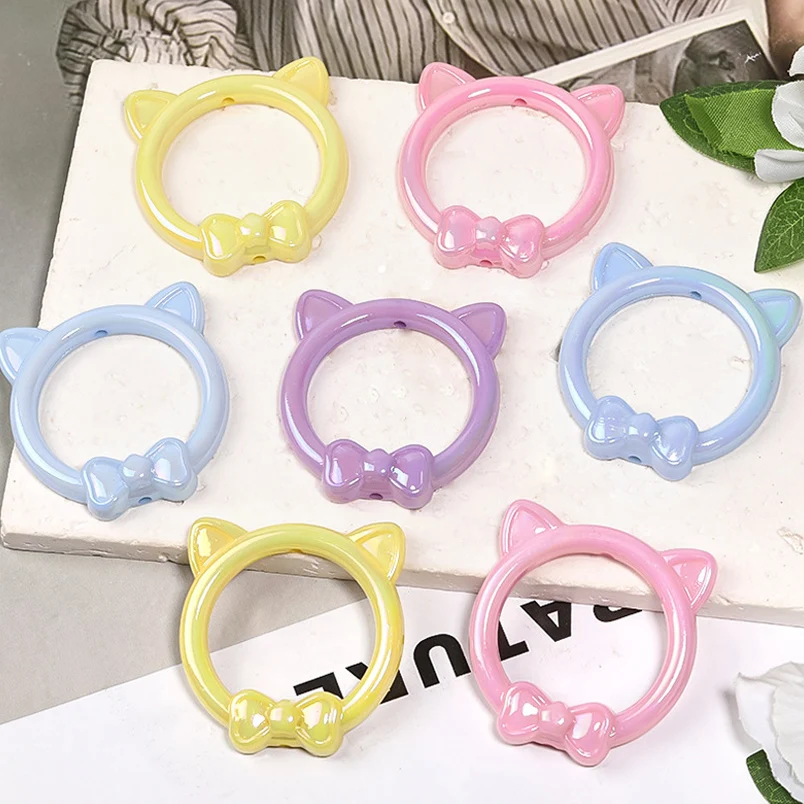6개/세트 아크릴 AB 도금 반지 고양이 귀 리본 구멍 뚫린 비즈 장식품 루즈 비즈 DIY 의류 머리핀 장식 액세서리
