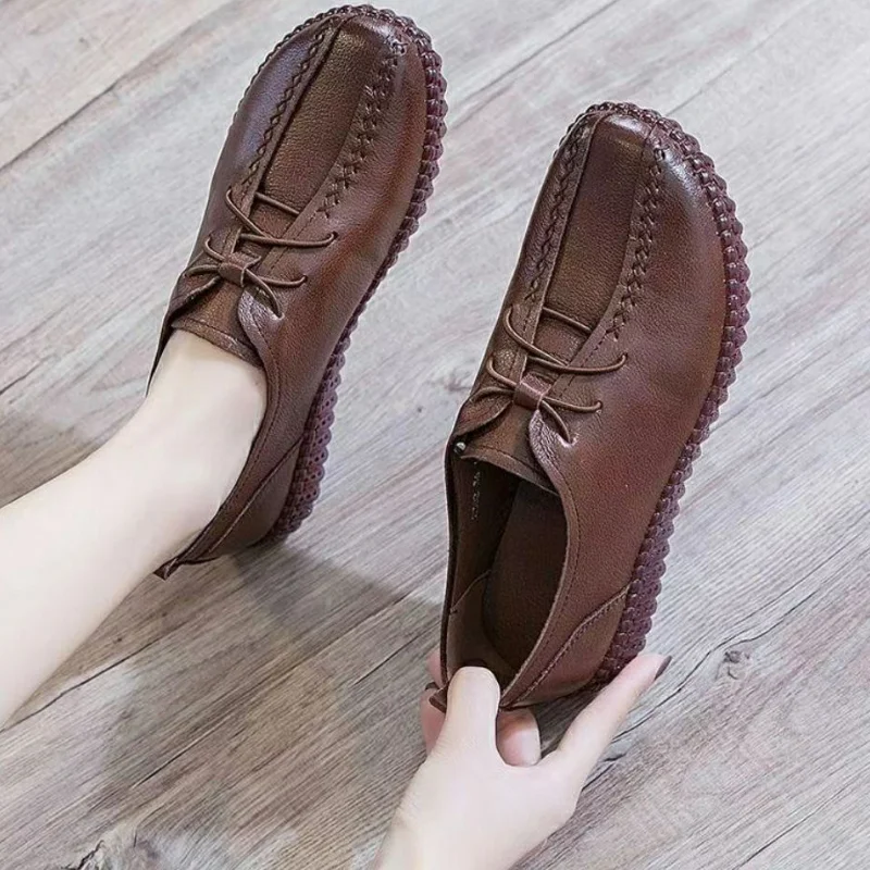 Women Casual Shoes Spring New Vintage Lace Up Soft Soled Non Slip Women Flats Oxford Shoes Soft Leather Woman Single