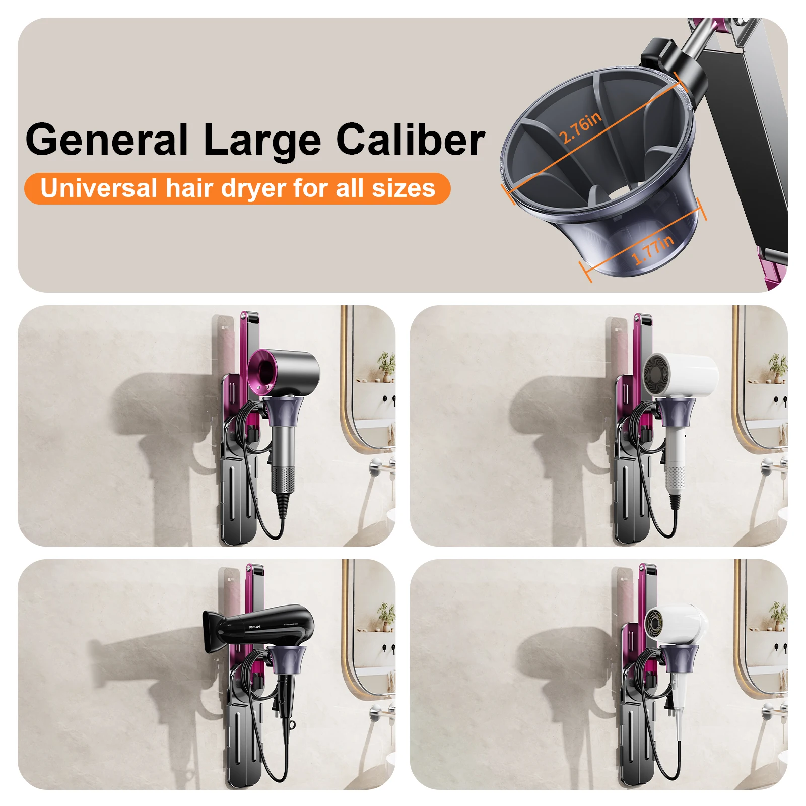 Eary Universal Hair Dryer Holder Wall Mounted For Metal Blow Dryer Hanger For Cabinet Bathroom Free Hands Phone Tablet Stand