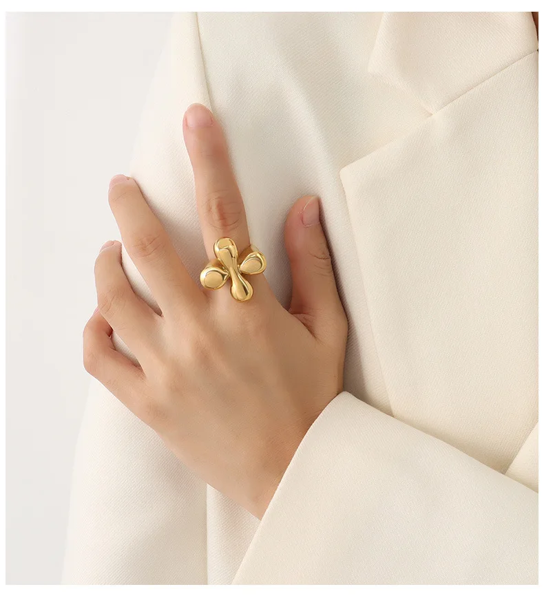 Liora Hochwertige Edelstahl-Blumenringe für Damen, PVD-vergoldet, poliert, glatt, kein Anlaufen, Zeigefingerringe, Schmuck – Detail 6