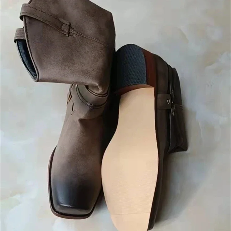 Retro Cowboy Boots Women Men Mid Calf Outdoor Men Vintage PU Shoes Man Slip on Winter Gladiator Booties Unisex Chelsea Boots Men - 5