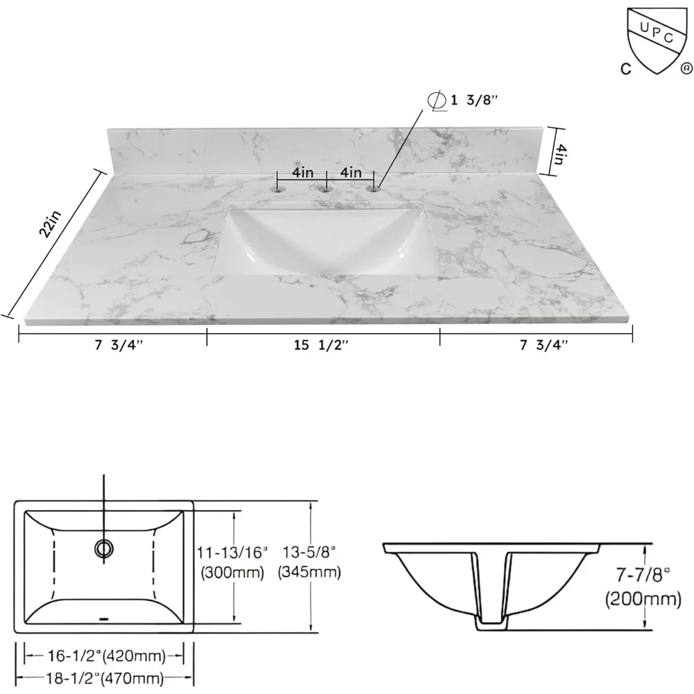 31 Inch Marble Vanity Top with Undermounted Rectangular Ceramic Sink & Backsplash, Engineered Stone Countertop Vanity Sink Top