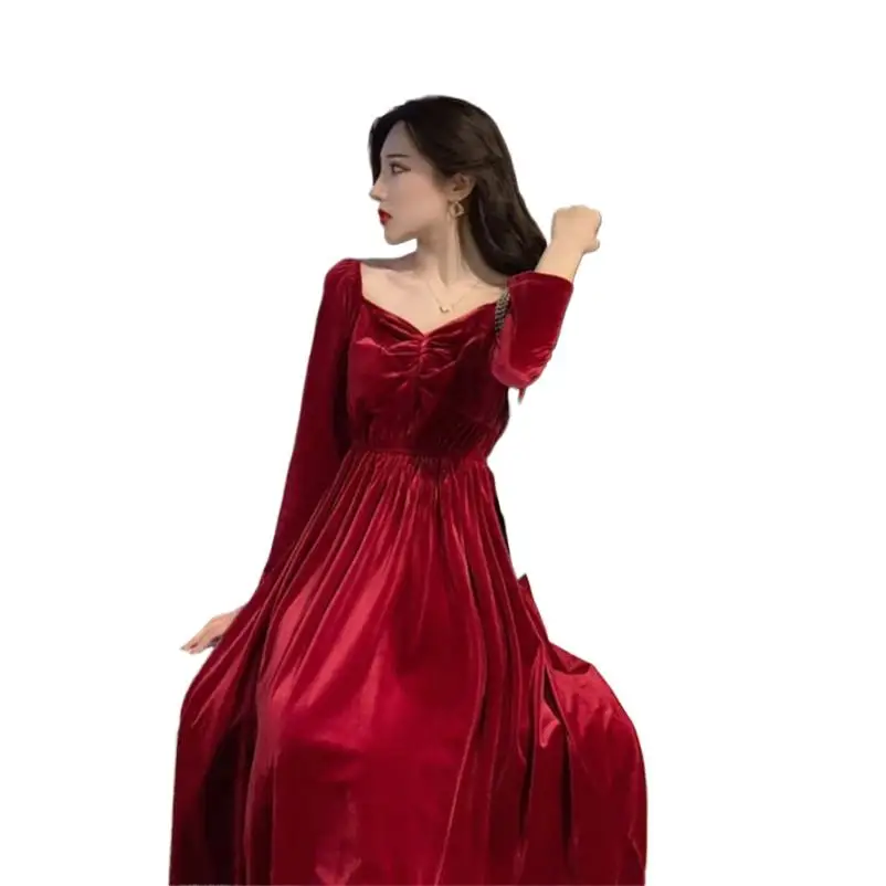 

French Style Autumn Winter Women Long Vestidos Solid Velvet Dress Casual A-Line Dress Eleagnt Slim Fashion Party Dresses Female