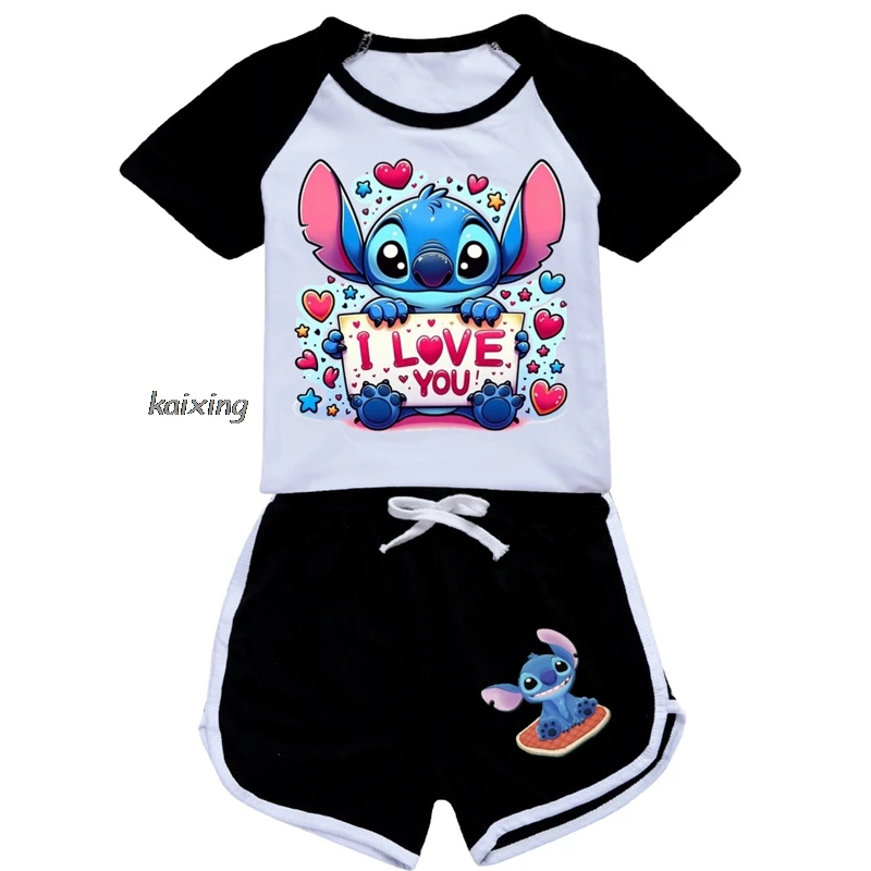 New Lilo And Stitch Girls Boys Clothing Set Kids Sports T shirt+Shorts Set Children Clothing Casual Comfort outfits Pyjamas Gift 4
