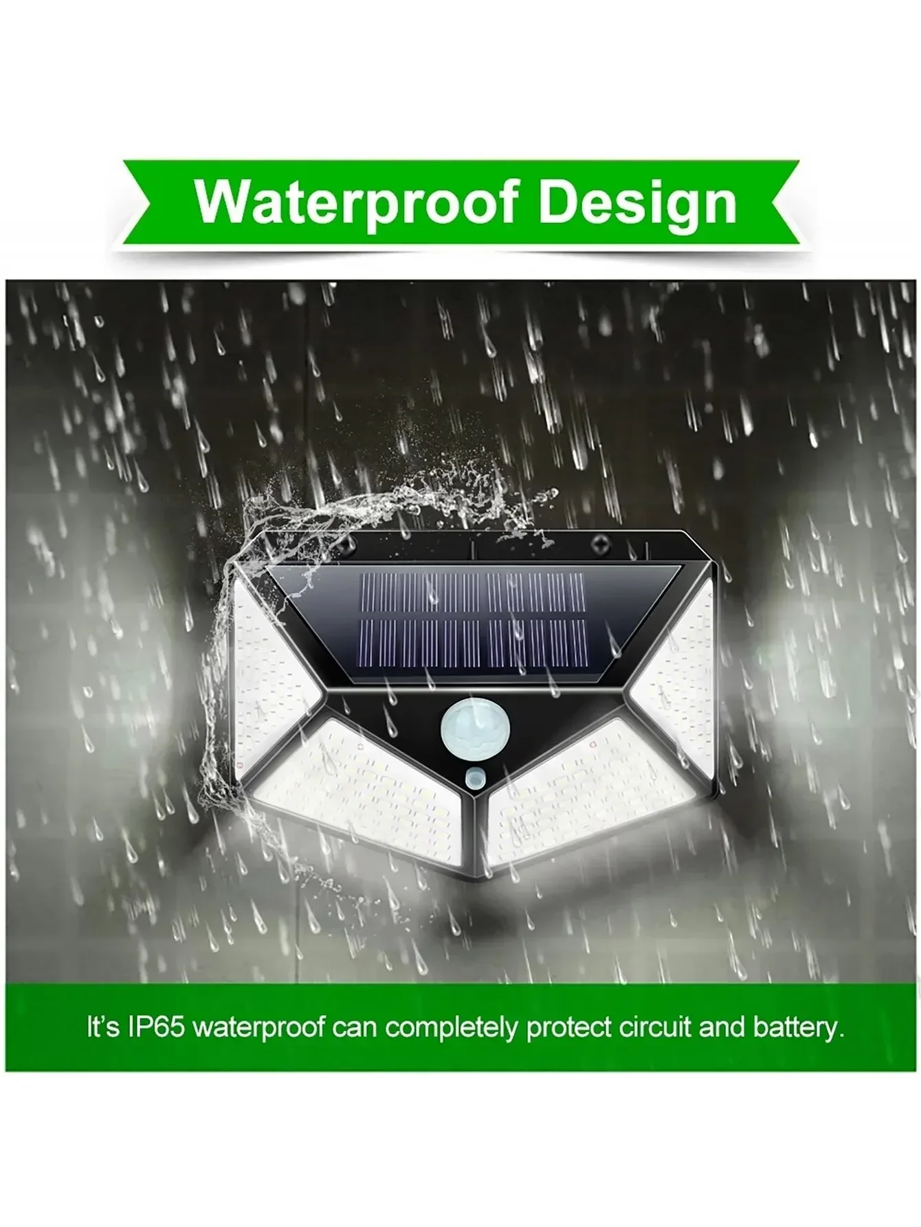 Description Picture 4 of item100LEDs Outdoor Solar Wall Light 4 Side Illuminated Waterproof PIR Human Sensor Auto On/Off Enclosure Patio Doorway Lighting
