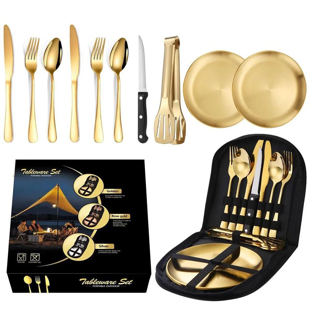 

Outdoor Stainless Steel Tableware Set Camping Barbecue Plate Knife Fork Spoon Food Tong Travel Portable Silverware Gift Bag