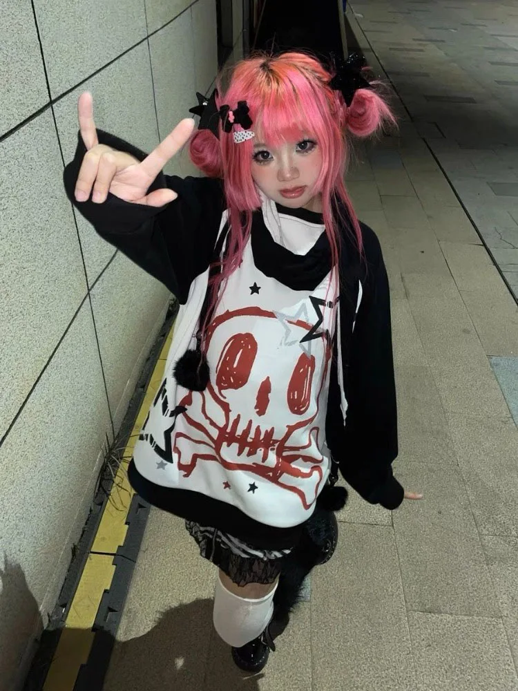 

Aesthetic Grunge Sweatshirt Women Vintage Punk Skull Print Pullover Hoodies Loose Harajuku Streetwear Kawaii Y2k Tops Moletom