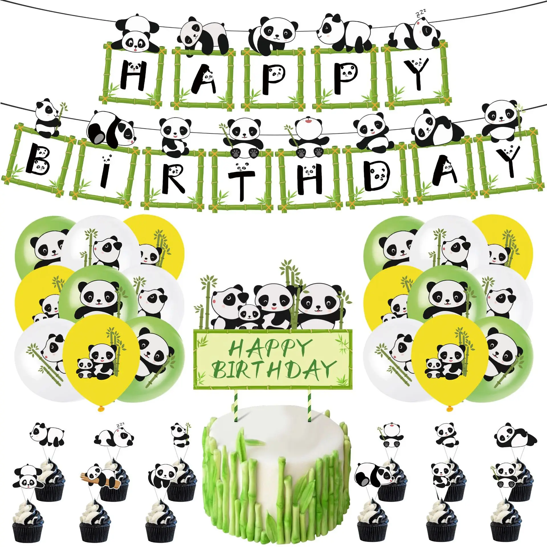 

Cartoon Panda BambooTheme Birthday Party Layout Props Scene Cute Wind Balloon Hanging Newborn Shower cake Decoration Flag