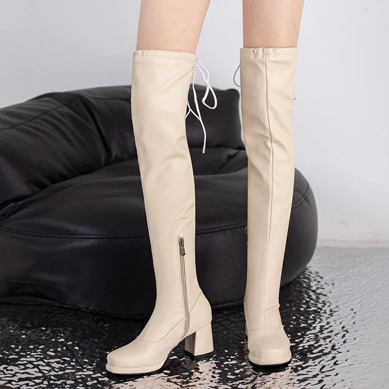 

Plus Size Square Toe Thick Heel Zipper Long Women's Boots Plush Inner Lace Up Simple Style Over Knee Boots Classic Elastic Boots