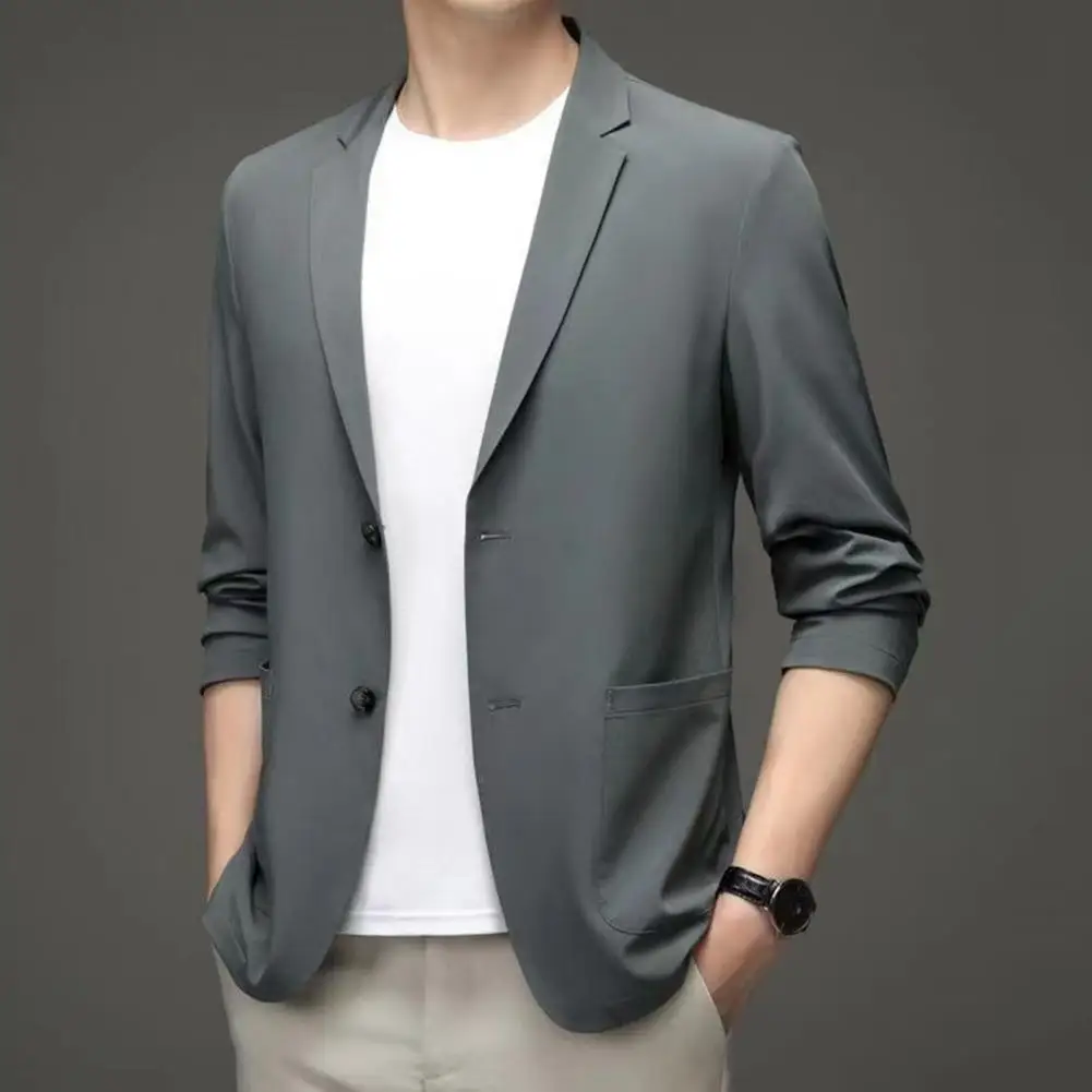 

Formal Jacket Summer Business Coat Lapel Long Sleeves Double Buttons Straight Pockets Anti-wrinkle Blazer Men Work Jacket