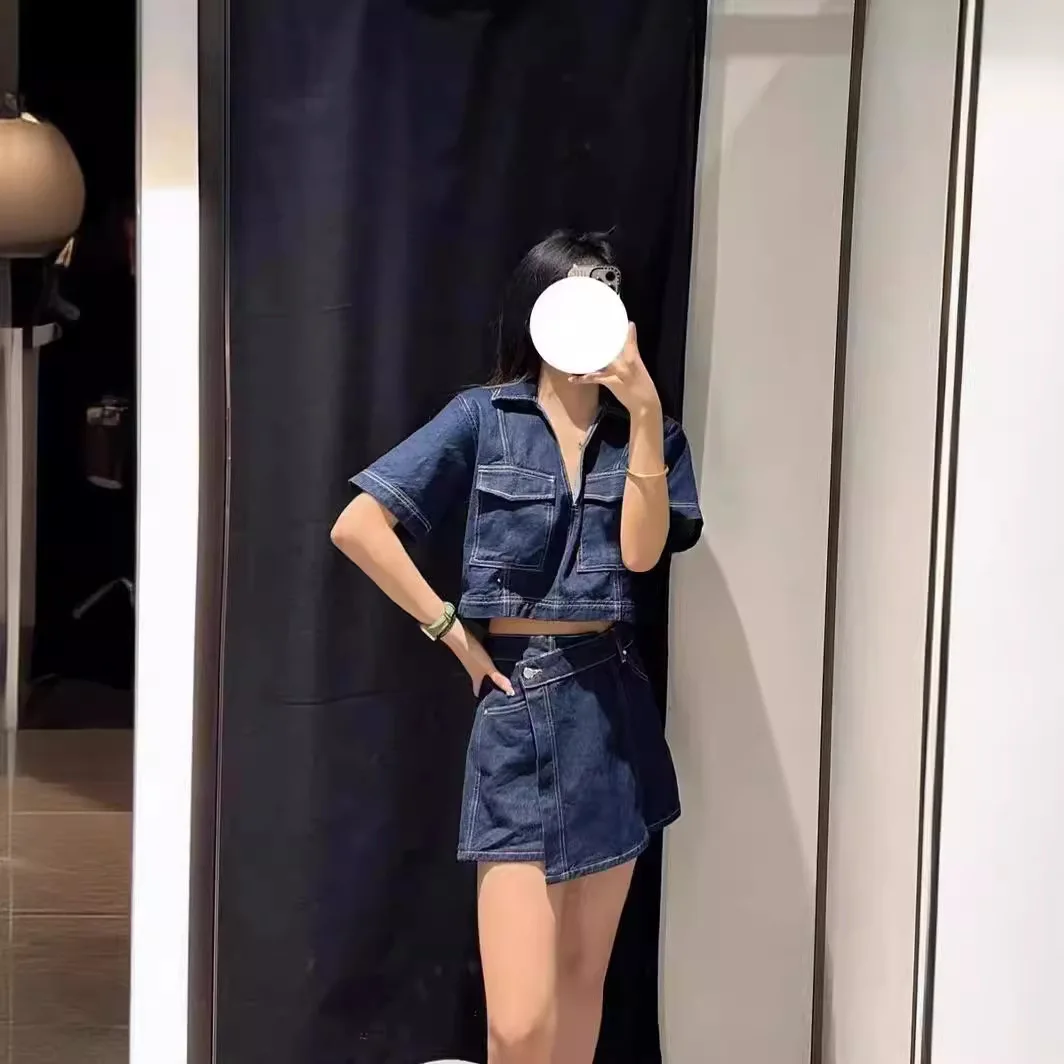 2024 summer Women's Fashion Flip Pocket Decoration Short Flip Collar Slim fit denim Top + Asymmetric Denim Skirt 2 Piece Set