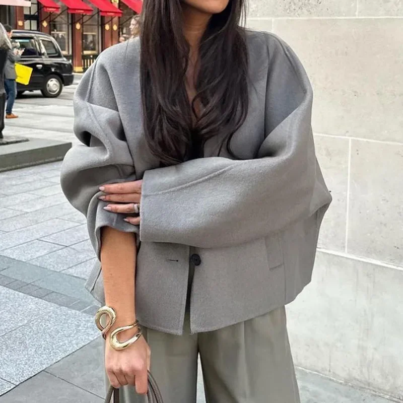 Solid V-neck Single Breasted Long Sleeved Jacket Women's Fashion Casual Autumn Winter Warm Coat 2023 Female Chic Street Outwear