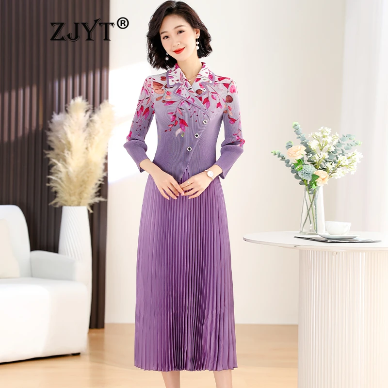 

ZJYT Spring Fashion Print Patchwork Pleated Dresses for Women 2024 New Designer Long Sleeve Elegant Dress Blue Casual Party Robe