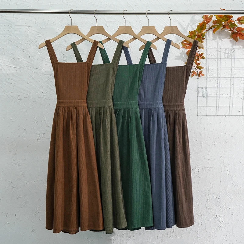 Corduroy Women Dresses Sleeveless Back Cross Elegant Retro Autumn