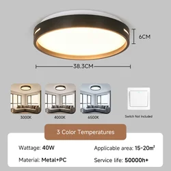 Smart LED Dimmable Ceiling Light with Remote Control - Adjustable Color - Memory function (3 Colors 40W Black)