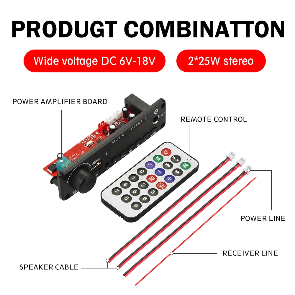 DC 6-18V Bluetooth 5.0 디지털 증폭기 모듈 오디오 디코더 보드 2.0 채널 스테레오 25W * 2 홈 가라오케 제어 모듈