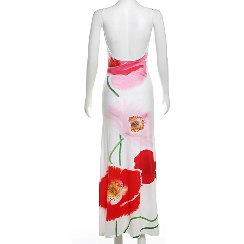 Vestidos de moda con cuello halter ajustado y estampado para mujer, vestido largo elegante sin espalda y cintura alta, vestido de fiesta de verano 2025.