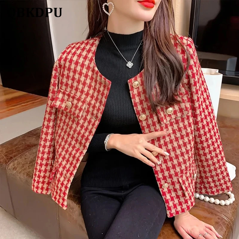 Vintage Plaid Tweed Spring Jacket Women Elegant Luxury Round Neck Short  Coat Office Lady Korean Fashion Design Chaqueta De Mujer