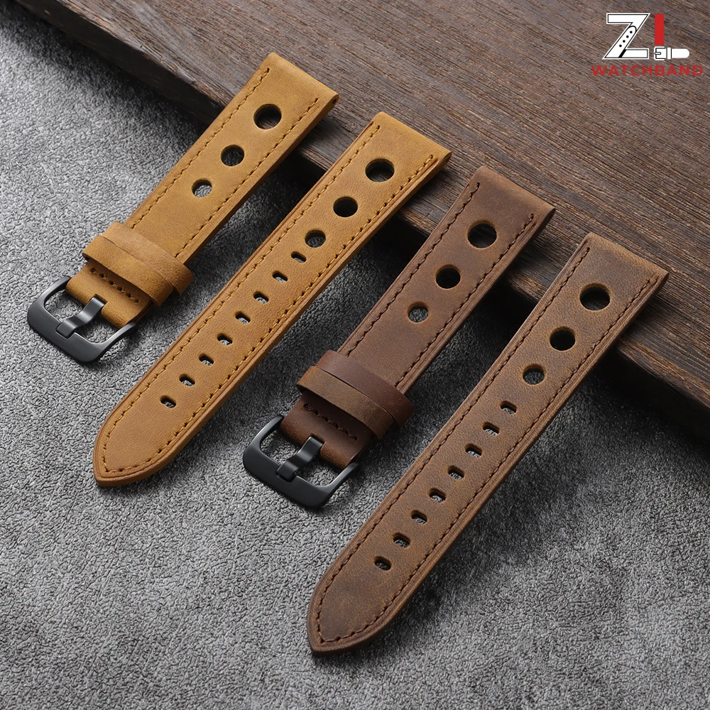 Premium Crazy Horse Leather Watchband - Genuine Cowhide, Breathable Racing Strap