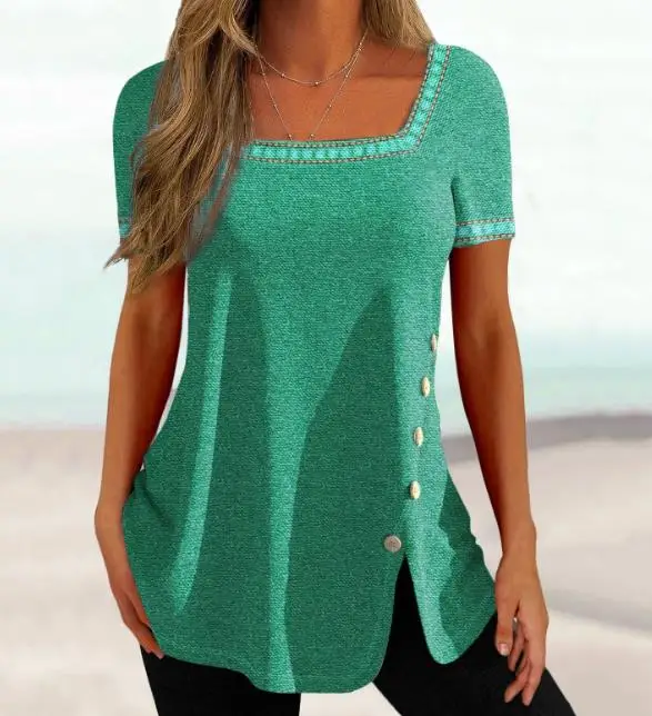 

Top Women 2023 Summer Fashion Solid Color Button Design Hem Slit Casual Square Neck Short Sleeve Daily T-Shirt Top Y2K Clothes