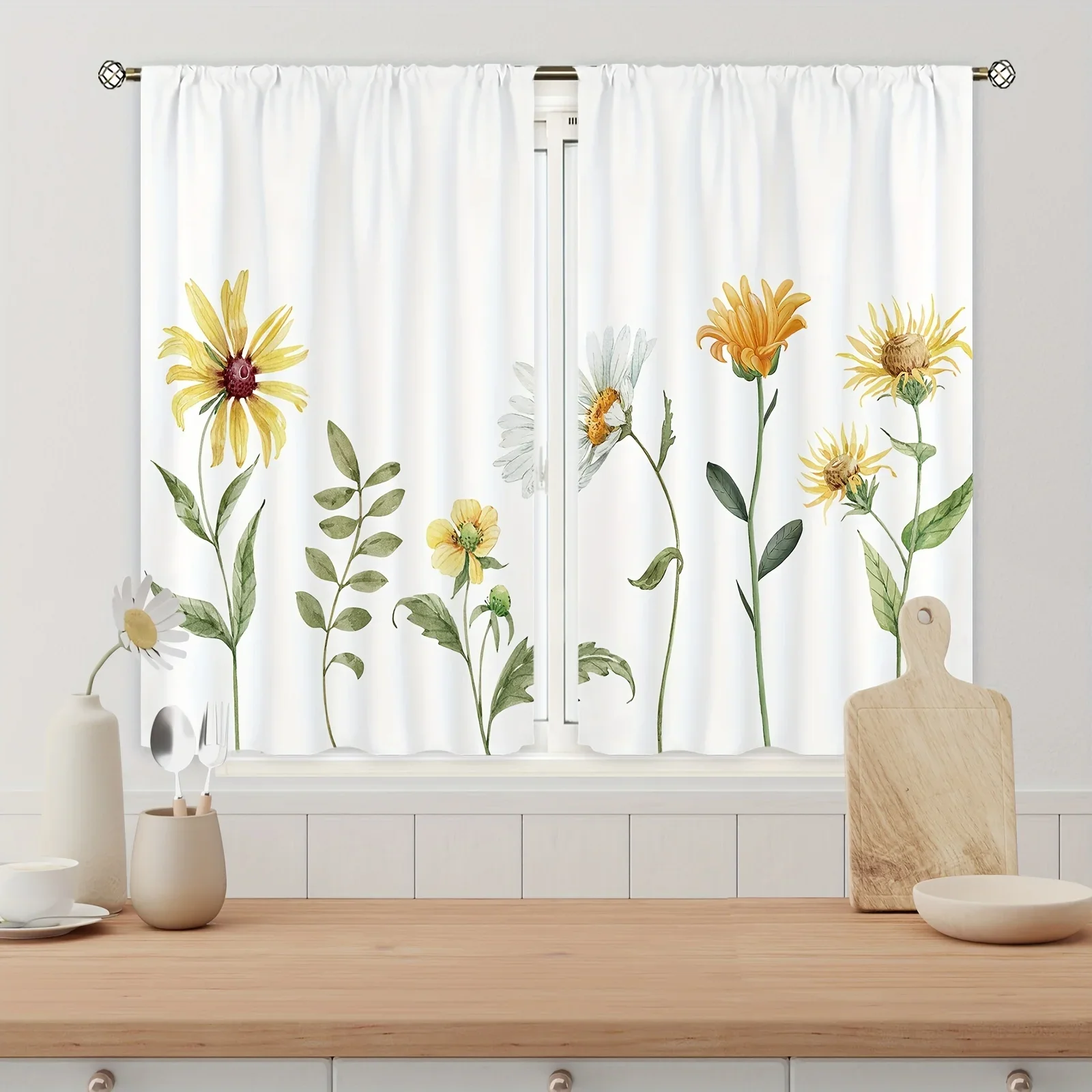 

2Pcs Wildflower Kitchen Curtain Sunflower Watercolor Flower for Modern Simple Living Room Bedroom Office Cafe Home Decoration