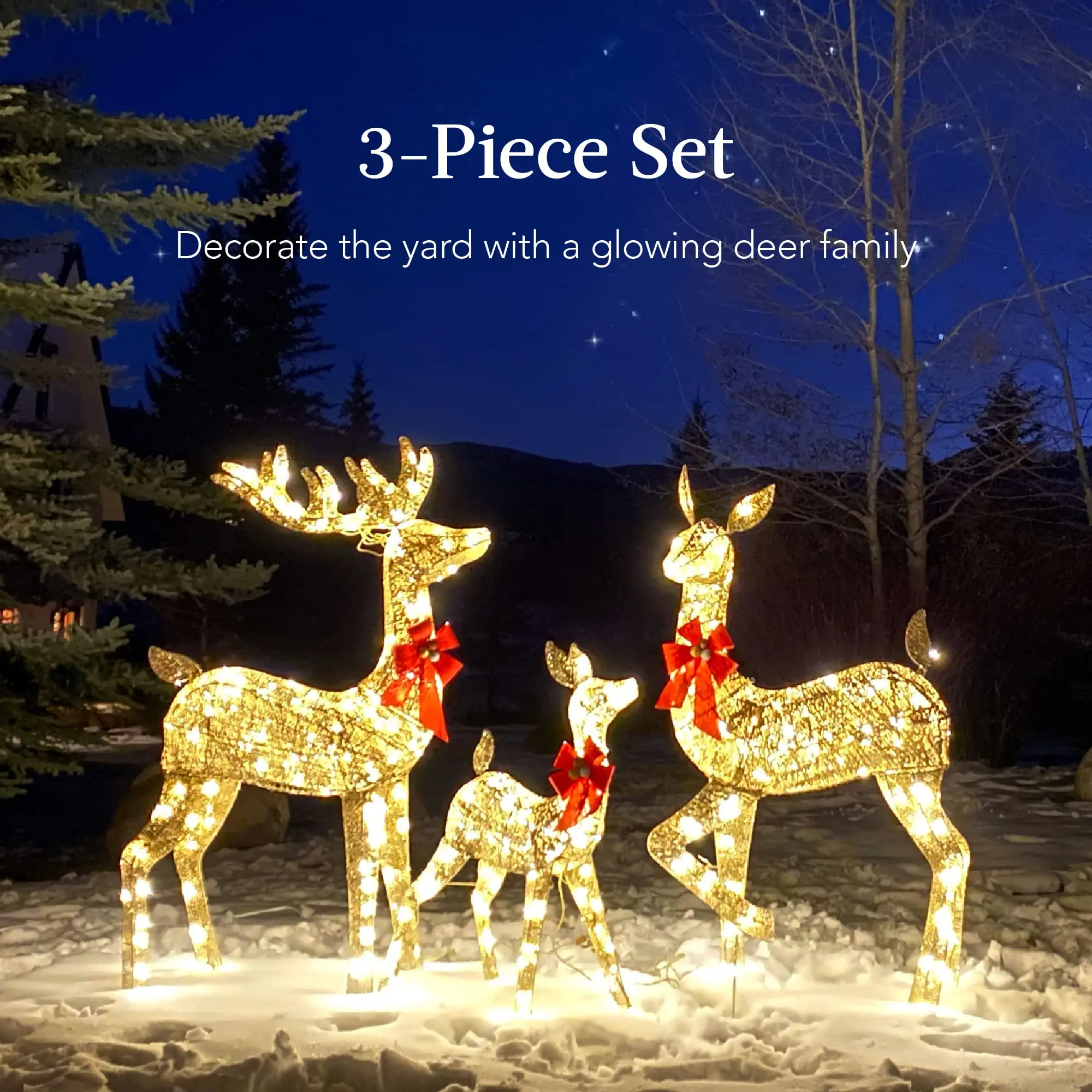 3-Piece Large Lighted Christmas Deer Family Set 5Ft Outdoor Yard Decoration with 360 LED Lights, Stakes, Zip Ties-Gold