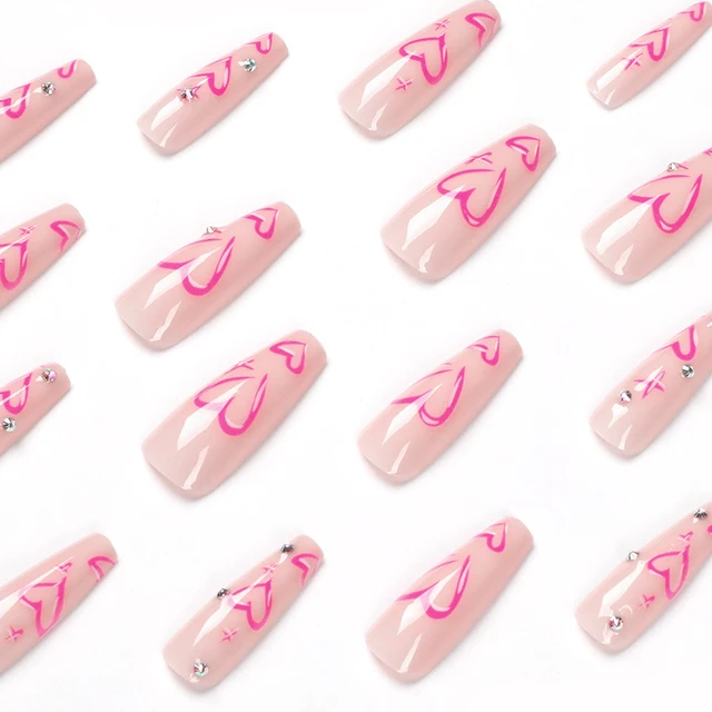 24PCS Kawaii Love Nails Press on Rhinestone Pink Coffin Design Long  Stiletto Fake Nails with Glue False Stick on Tips 24PCS