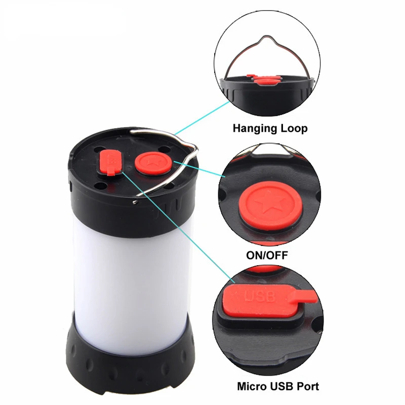Portable Camping Light USB rechargeable mini camping tent light 5 modes with hook magnet built-in 18650 battery white red