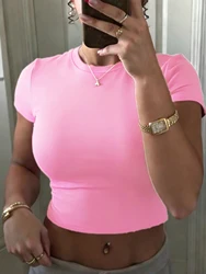 Solid Color Slim Fit Summer Crop Top - Women's Soft Elastic Casual Sportswear Tee - XXL (Pink)