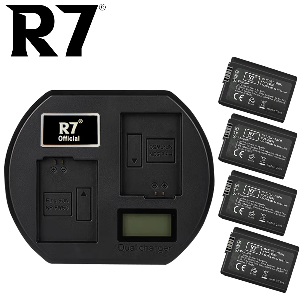 

R7 2000mAh NP-FW50 npfw50 Camera Battery + LCD Dual Charger for Sony A6000 A6400 A6300 A6500 A7 A7II A7RII A7SII A7S A7S2 A7R