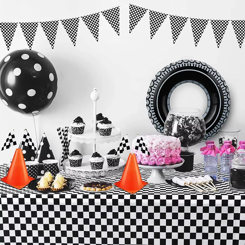 Racing Car Party Decor 7" Mini Traffic Cones and Black and white Checkered Flag Kids Race Car Theme Birthday Party Supplies 5-50