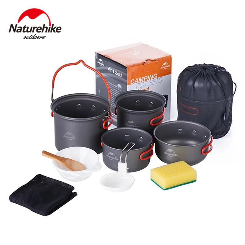 

Naturehike Camping Pot Sets 4 In 1 Aluminum Alloy Ultralight Portable Backpacking Foldable Camping Cookware Outdoor Cooking Sets