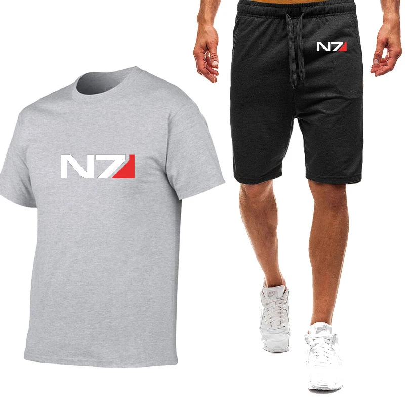 2023 New summer N7 mass effect Logo printing fashion nine-color short sleeves+casual elastic waist sweatpants solid color sports